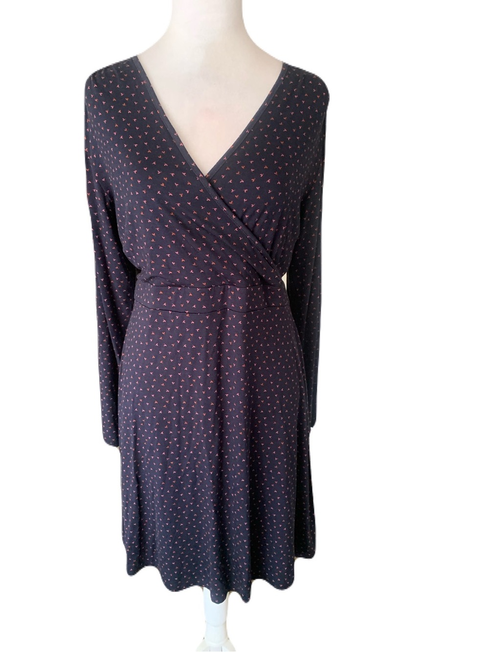 NWT 41 Hawthorn Large Navy Abstract Floral Faux Wrap Long Sleeve Dress Modest
